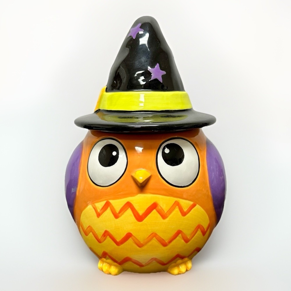 Cheryl's Cookies Halloween Owl Cookie Jar Witch Hat Ceramic Candy Storage Decor